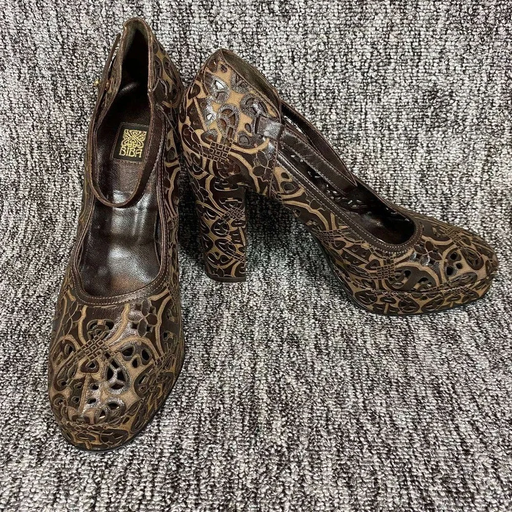 VTG 90s BIBA Italy Deco Laser Cut Out Leather Platform Mary Jane Heels Women 7.5
